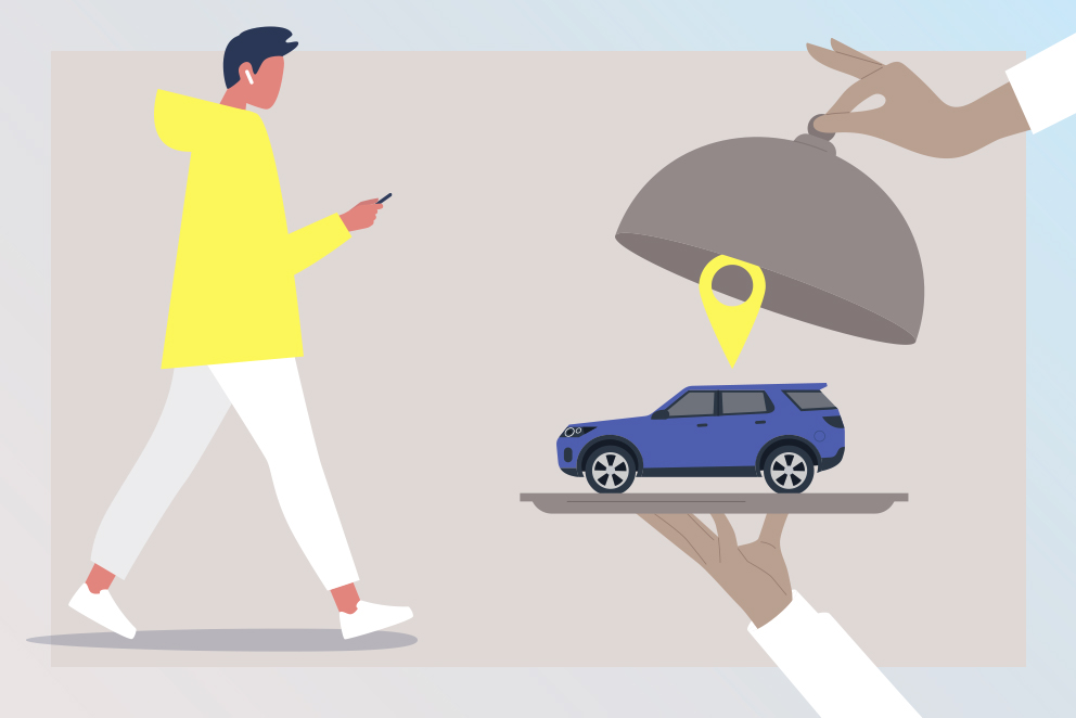 Illustration: Eine junge Person läuft und schaut auf ihr Smartphone. Auf einem Serviertablett wird ihr ein Auto präsentiert. Symbolbild für Dienstwagen der Generation Z.