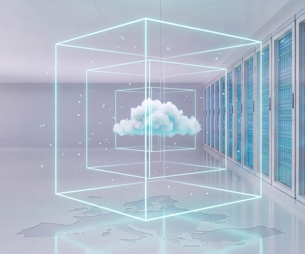 Eine Wolke, die von mehreren blauen Rahmen umgeben ist, als Symbol für das Thema Cloud Skalierbarkeit